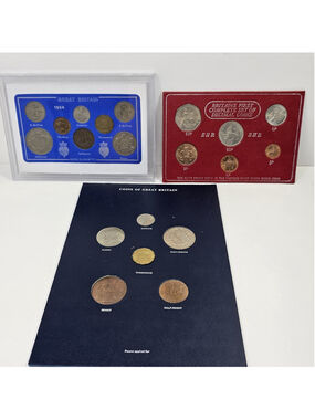 3 Vintage Great Britain Coin Sets 1954 Pre-Decimal & First Decimal Coins UK Lot